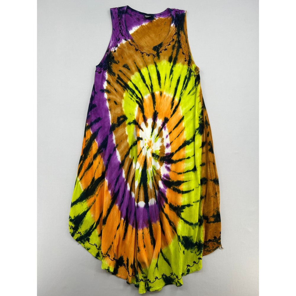 Bawa Canada Tie Dye Sleeveless Dress Purple Green Orange Embroidered Boho